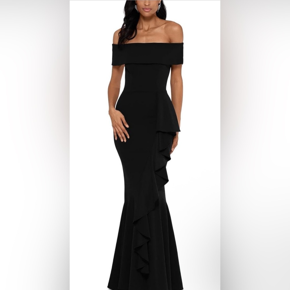 Betsy & Adam Women's Long Off Shoulder Cascade Ruffle Stetch Scuba Crepe Gown